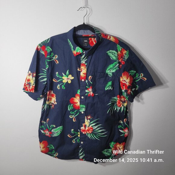 Vans L Navy Hawaiian Floral Cotton Button-Up Short Sleeve Classic Fit Shirt - Picture 1 of 7